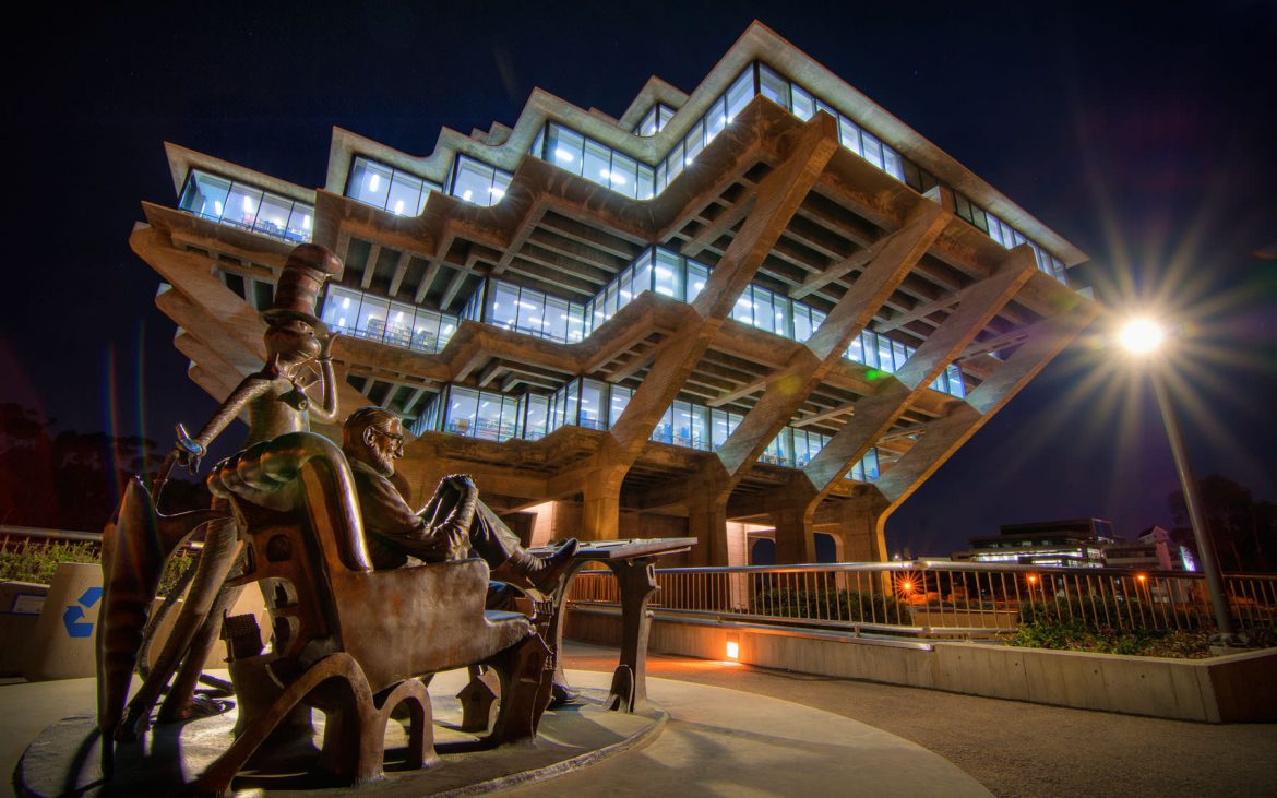 A bronze Statue of Dr. Seuss, with one of his more famous of his whimsical characters, sits at the base of the library, a permanent and solid sentinel as the library that bears his name.